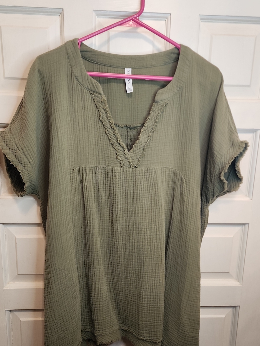 Zenana Outfitters Olive Green Split-Neck Tunic XL Waffle Material For Hot Days